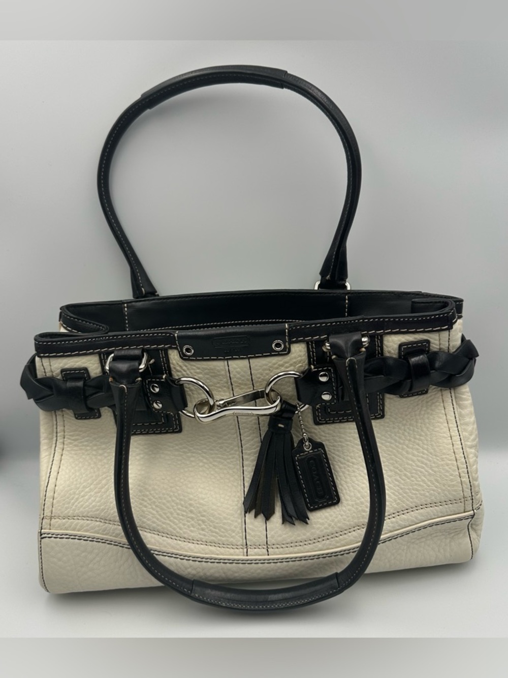Coach Soho Pebbled Leather Satchel Bag F13084 Cream Black Tassel Turnlock Tote